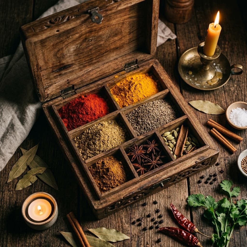 A wooden spice box filled with True Taste spices — coriander, cumin, turmeric, chilli, garam masala