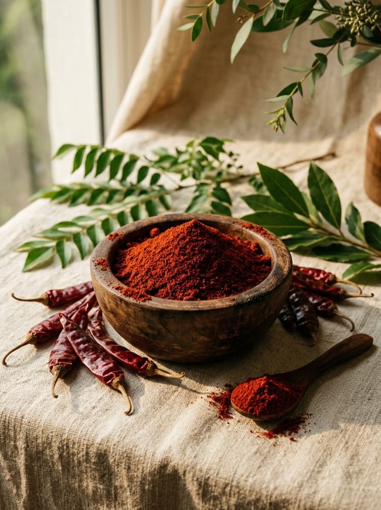 Red Chilli Powder in a wooden bowl