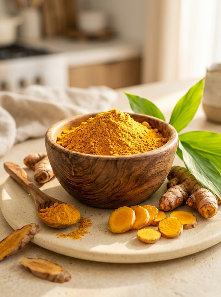 Turmeric Powder in a wooden bowl